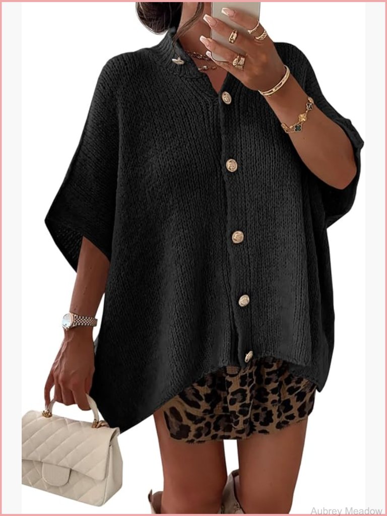 Short Sleeve Button Down Knit Cardigan Lightweight Mock Neck